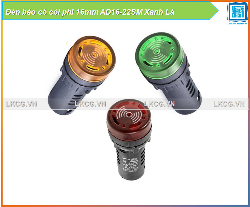 [Rẻ vô địch] Đèn báo có còi phi 16mm AD16-22SM Xanh Lá