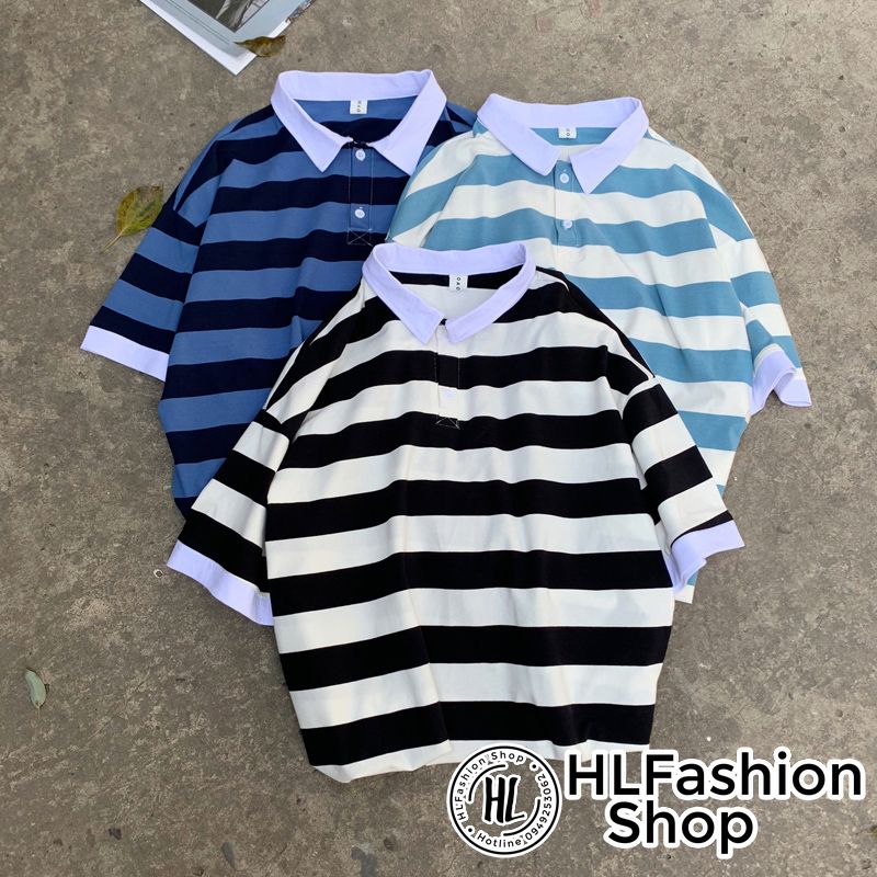 Áo polo thun cổ trụ Unisex sọc ngang to bản lịch sự đơn giản, áo thun có cổ HLFashion