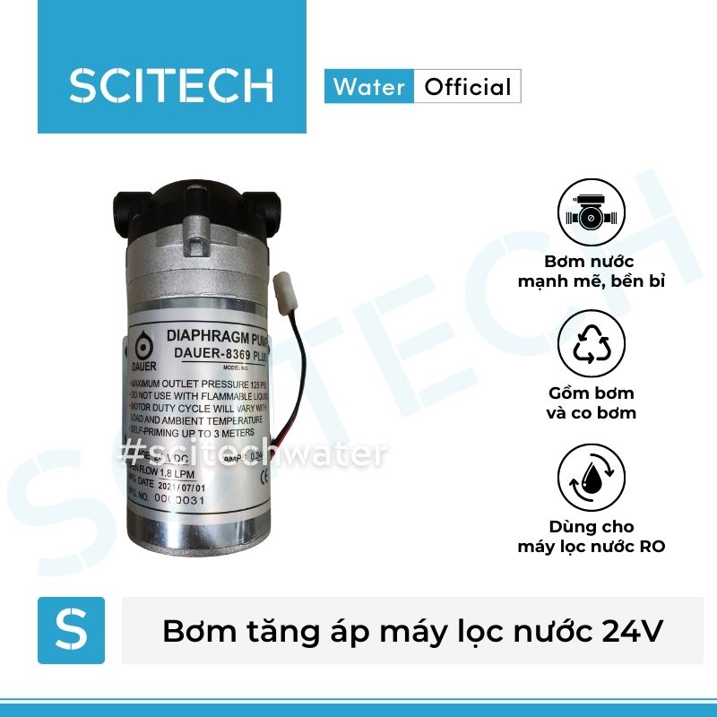 Bơm tăng áp máy lọc nước 24V (Tặng kèm co bơm) - Scitech Water