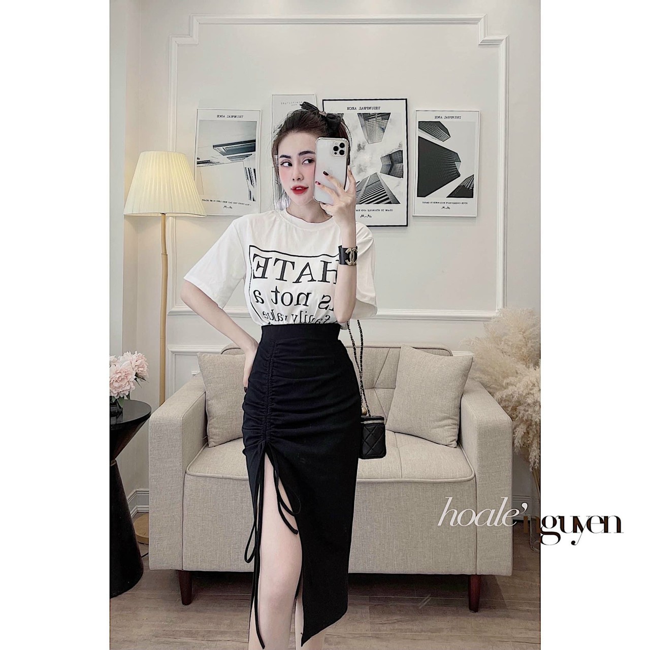 Set Bộ Áo Thun Kèm Chân Váy Dài Xẻ Tà - Chất Liệu Umi , Áo được thiết kế in chữ 3D