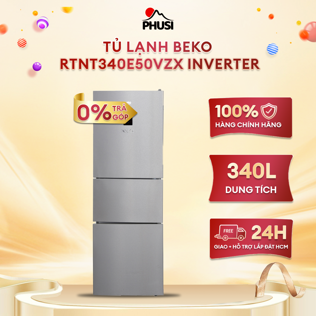 [Trả góp 0%]Tủ lạnh Beko RTNT340E50VZX 340L Inverter