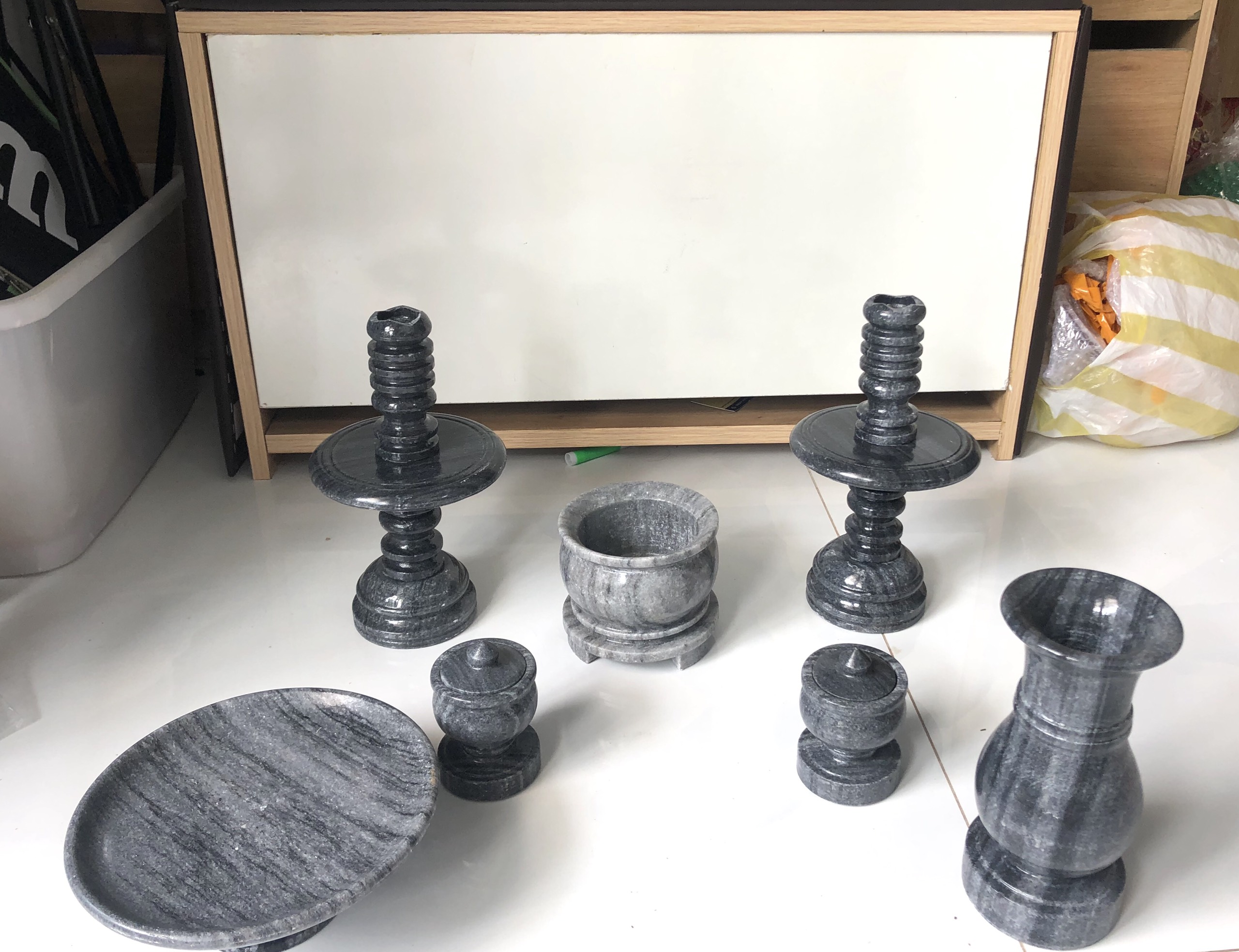 [FreeshipMAX] Bộ chân đèn đá + lọ hoa đá + 2 ly nước đá + dĩa trái cây + lư hương đá ( bộ ngũ sự ) đá non nước