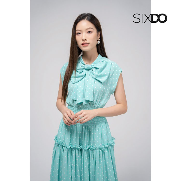 Đầm chiffon xanh eo chun họa tiết chấm bi SIXDO (Dark Mint Polka Dot Midi Chiffon Dress)