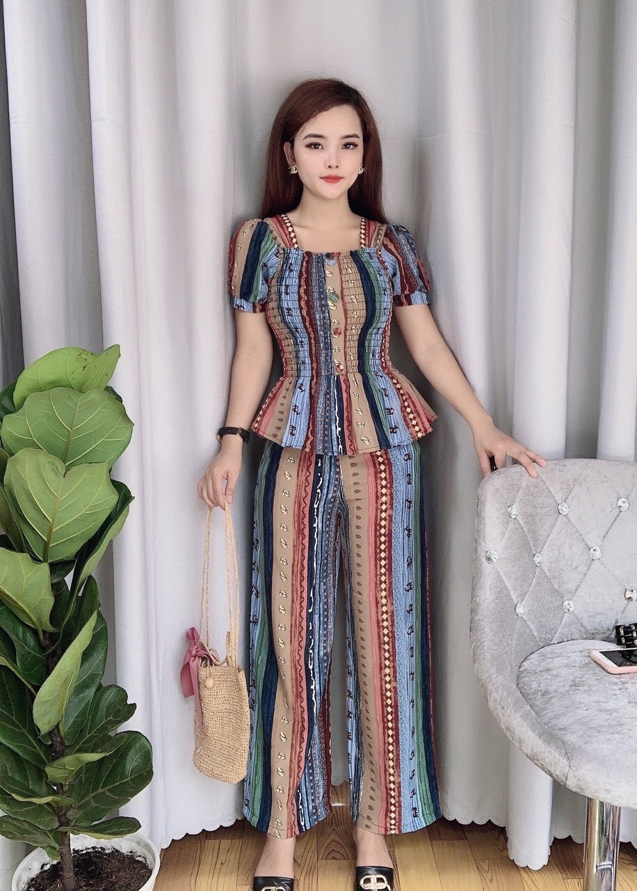 Set Bộ Thổ Cẩm Họa Tiết Sọc Dọc, Quần Ống Rộng Tôn Dáng, Thiết Kế Thời Trang ( Xanh )