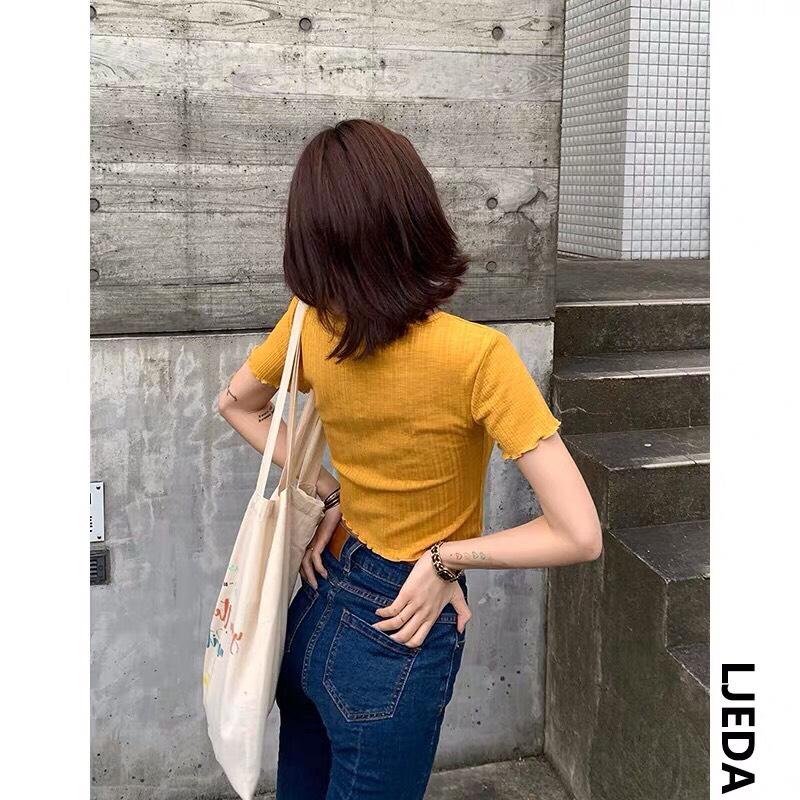 Áo Thun Gân Tay Ngắn Form Croptop Phối Diềm Ở Tay Và Eo Cá Tính TTS0597