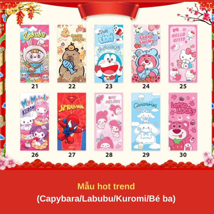 Bao Lì Xì Tết truyền thống 2025 sổ đổ sổ hồng hot trend chibi thịnh vượng may mắn phúc lọc thọ Tết 2025 Ất Tỵ Siêu đẹp