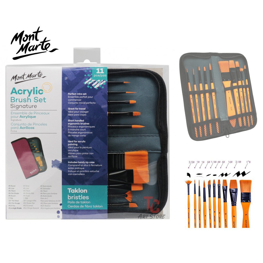 [Giao hàng 2h] Bộ 10 Cọ Vẽ Acrylic Mont Marte Cao Cấp - Taklon Brush Set in Wallet Signature Acrylic - BMHS0030