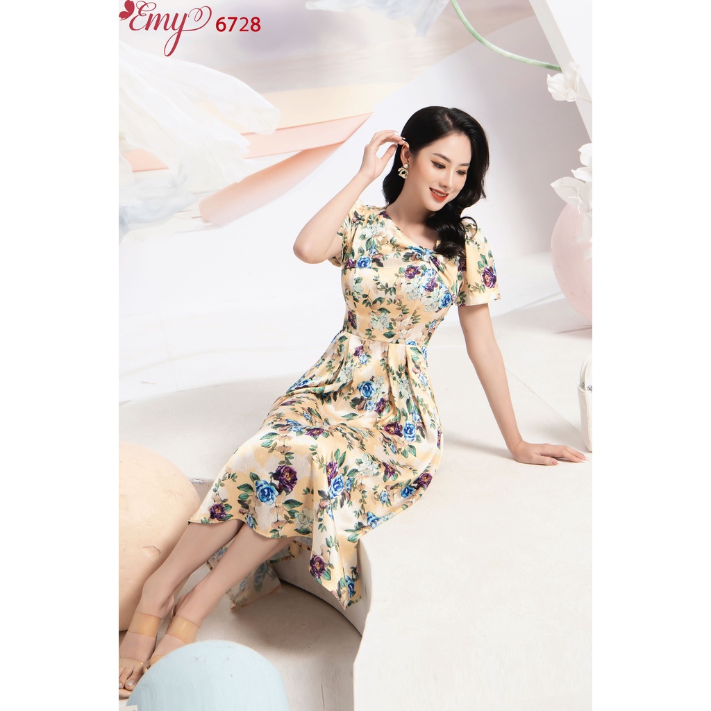 Đầm EMY EM6728 Xòe Midi Cổ V Bèo