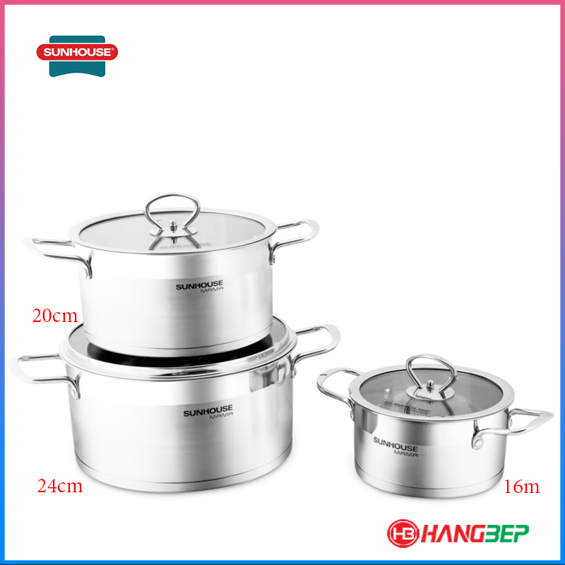 Bộ 3 nồi Inox 5 đáy Sunhouse SH784 (16cm/20cm/24cm)