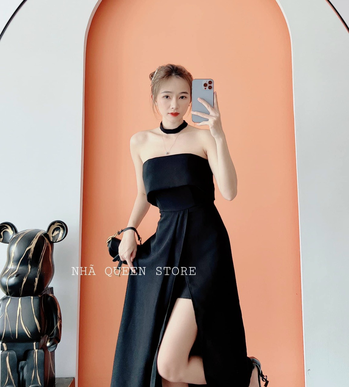 Đầm cúp ngực xẻ tà có muuts ngực có lót quần kèm dây đeo cổ