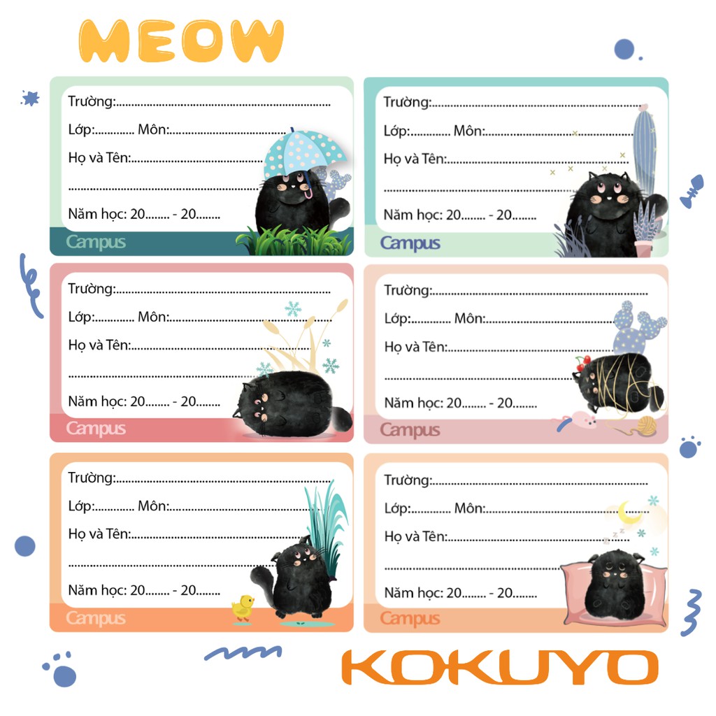 Combo 2 tập Nhãn vở Campus Meow NT-MEO-18 (18 nhãn/tập)