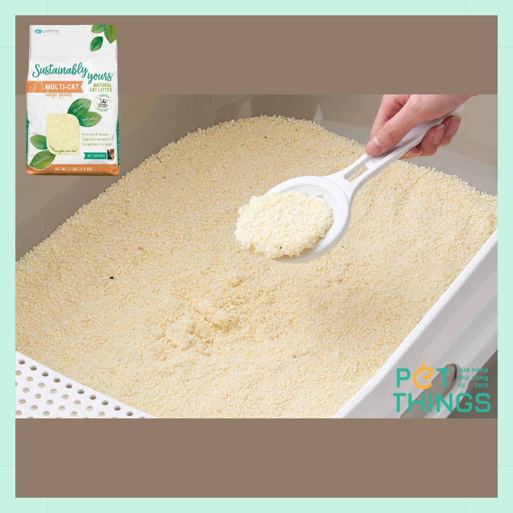 Cát Hữu Cơ cho mèo Petfive Sustainably Yours từ ngô bắp sắn hạt nhuyễn, nhập khẩu Mỹ, vón cục chắc, khử mùi tối đa