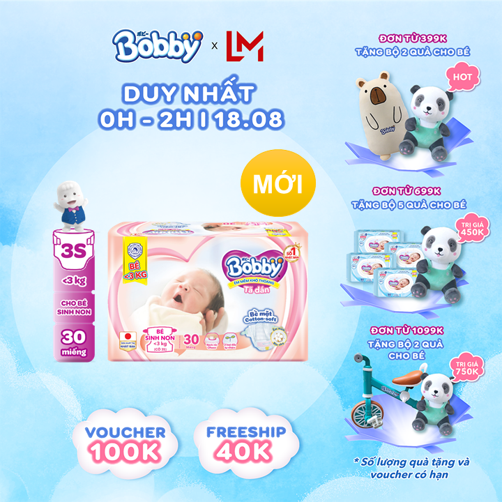 Tã/Bỉm dán Bobby cho trẻ thiếu tháng 3S 3kg - 30 miếng