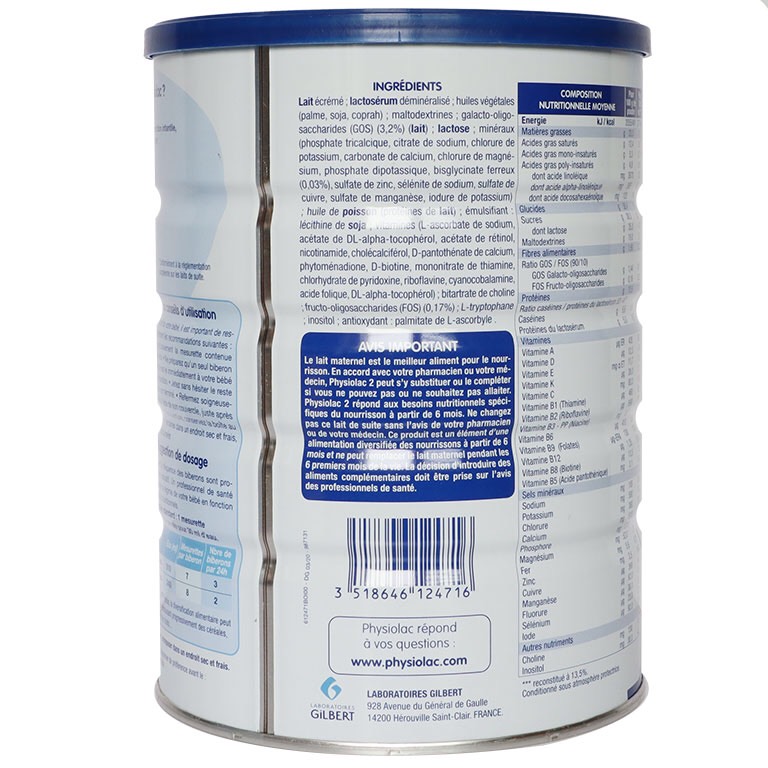 [Mẫu mới] Sữa Physiolac Pháp Số 2 900g (date mới)