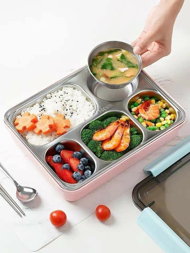 KHAY CƠM VĂN PHÒNG INOX 5 NGĂN CÓ NẮP ĐẬY