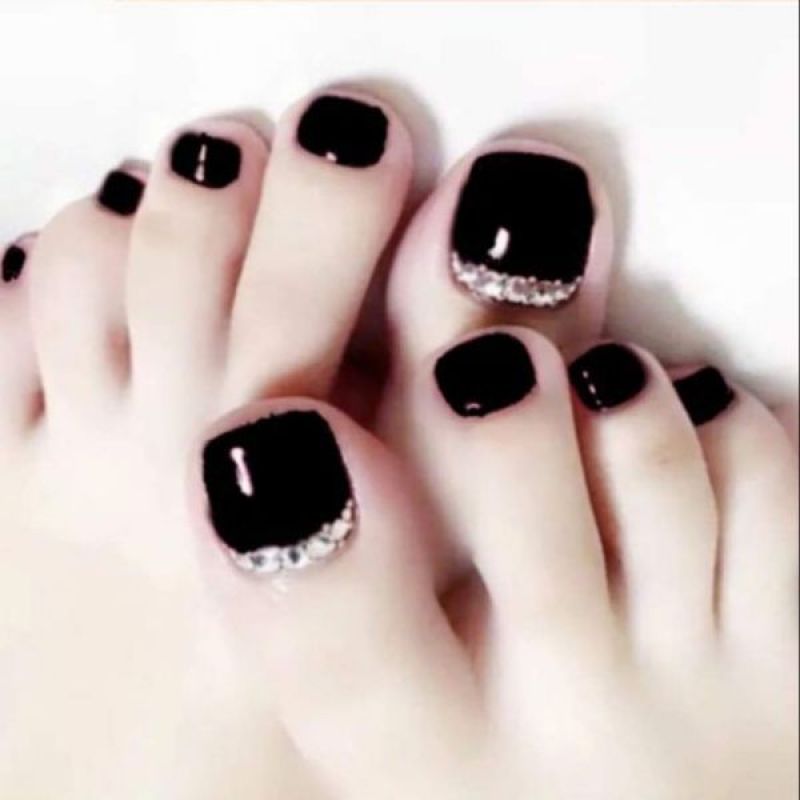 Bộ 24 Móng Chân Giả Đính Hạt Màu Đỏ + Đen (Kèm Keo Dán)
