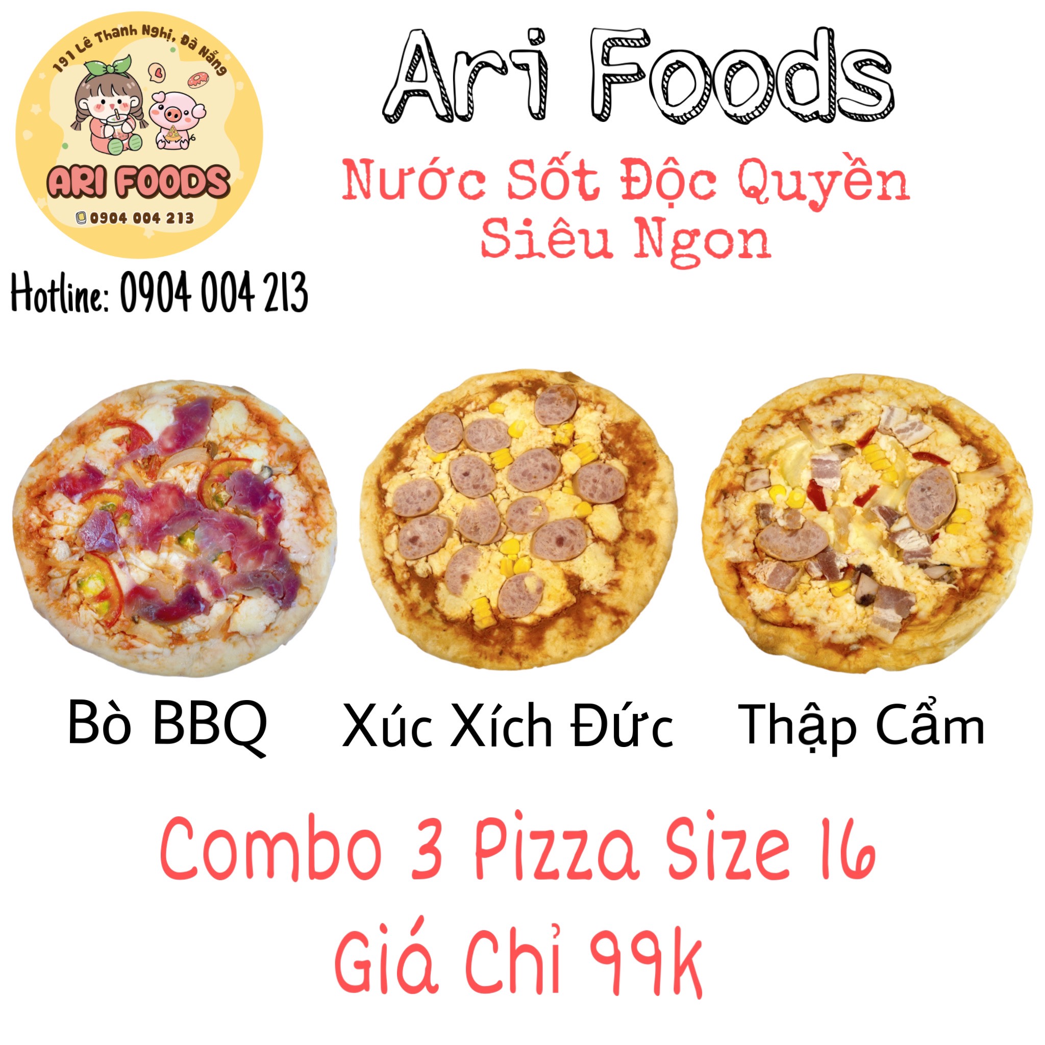 Combo 3 Pizza Thập Cẩm, Xúc Xích Đức, Bò BBQ [KÈM THÙNG XỐP]