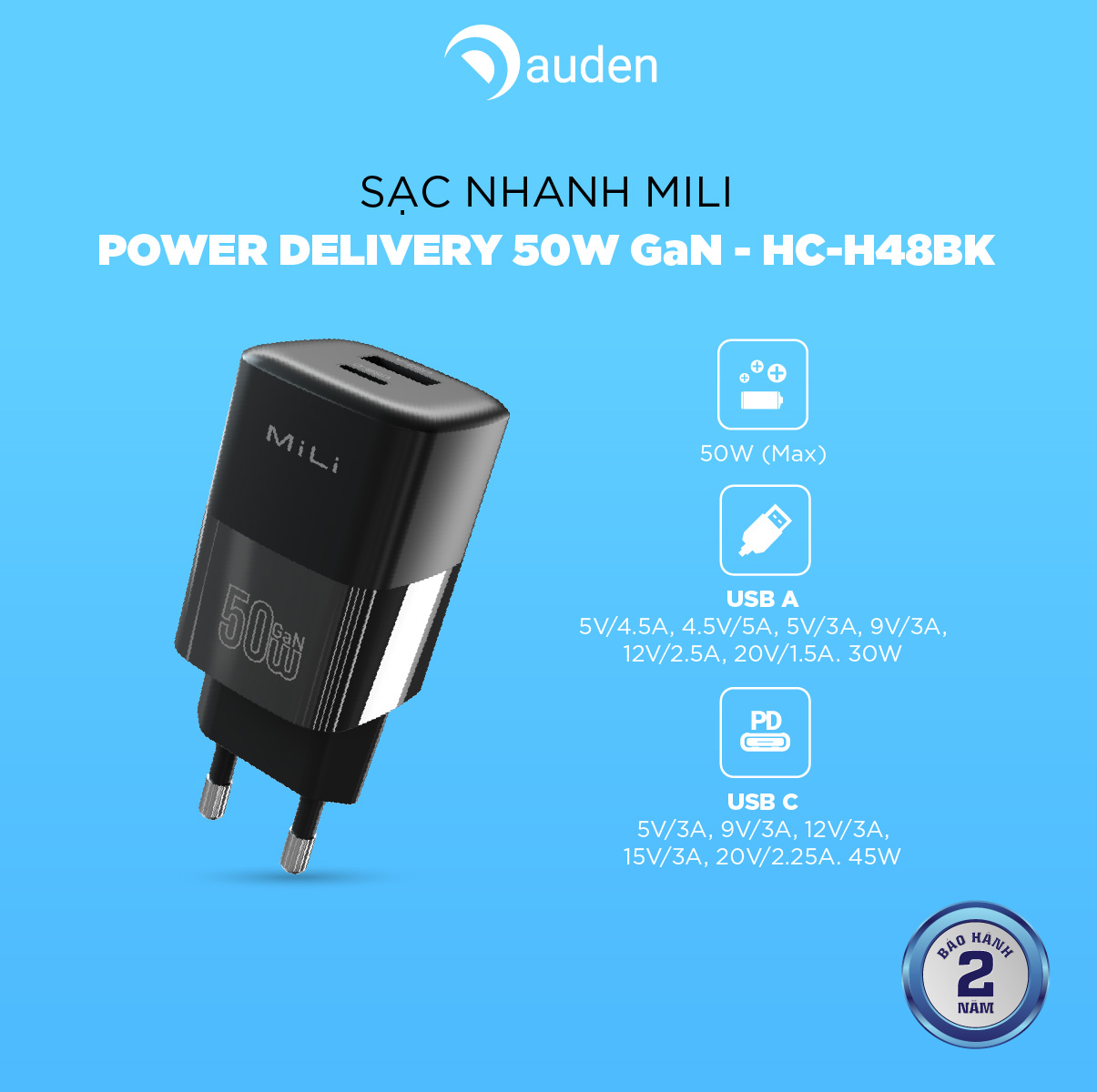 Sạc pd 50w gan mili - hc-h48bk - hàng chính hãng