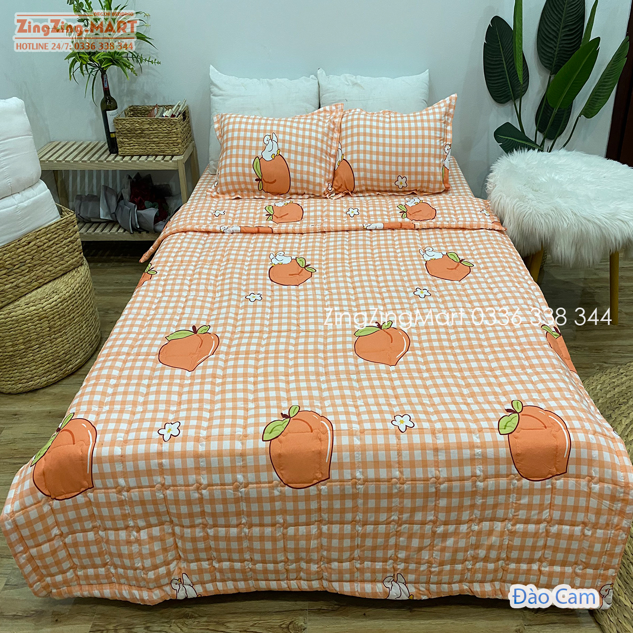 Sét 5 món chăn hè kèm ga gối, chăn hè kích thước 1m8 x 2m, mẫu đào cam kích thước ga m2/m6/m8/2m2