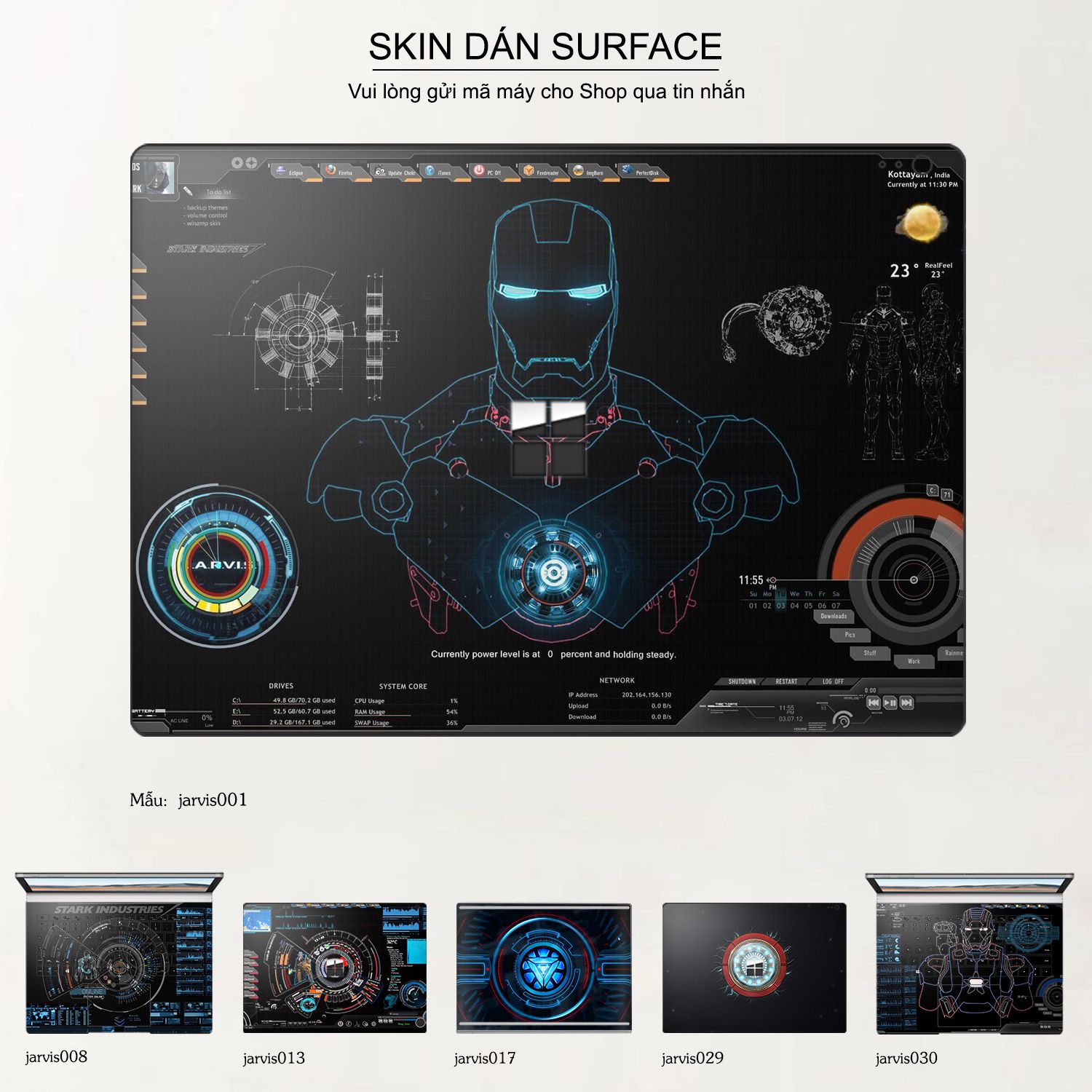 Decal Skin dán Surface Pro / Laptop / Go / Book mẫu Jarvis (inbox mã máy cho shop)