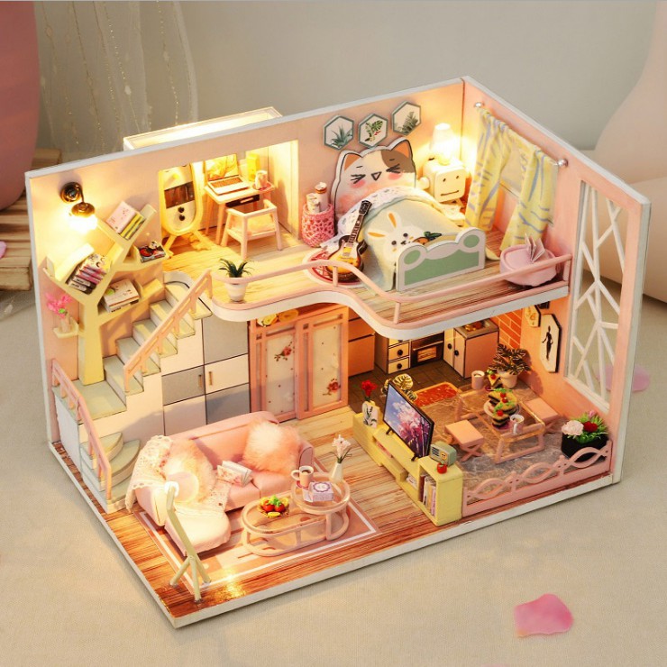 Mô hình nhà gỗ búp bê diy: căn nhà màu hồng dễ thương - m026 tặng keo sữa