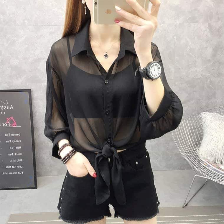 Áo Sơmi Mỏng Cột Dây Trước Bụng Xinh Xắn
