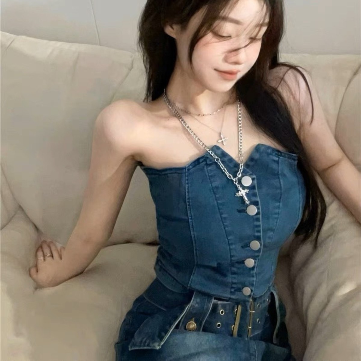 Áo ống jean kiểu cúc cài PINKSTORE29 phong cách quyến rũ A5594