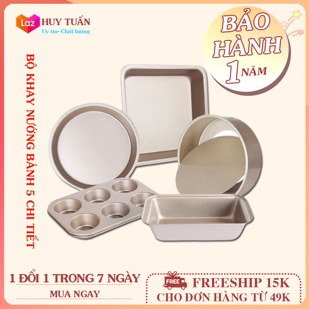 Bộ khay nướng bánh chống dính, Bộ đồ dùng làm bánh, khuôn bánh dụng cụ làm bánh, Bộ 5 khay nướng bánh, Khuôn nướng bánh mì 5 kiểu cơ bản chất liệu thép carbon cao cấp, Đồ dùng làm bánh, (KBM05), Huy Tuấn