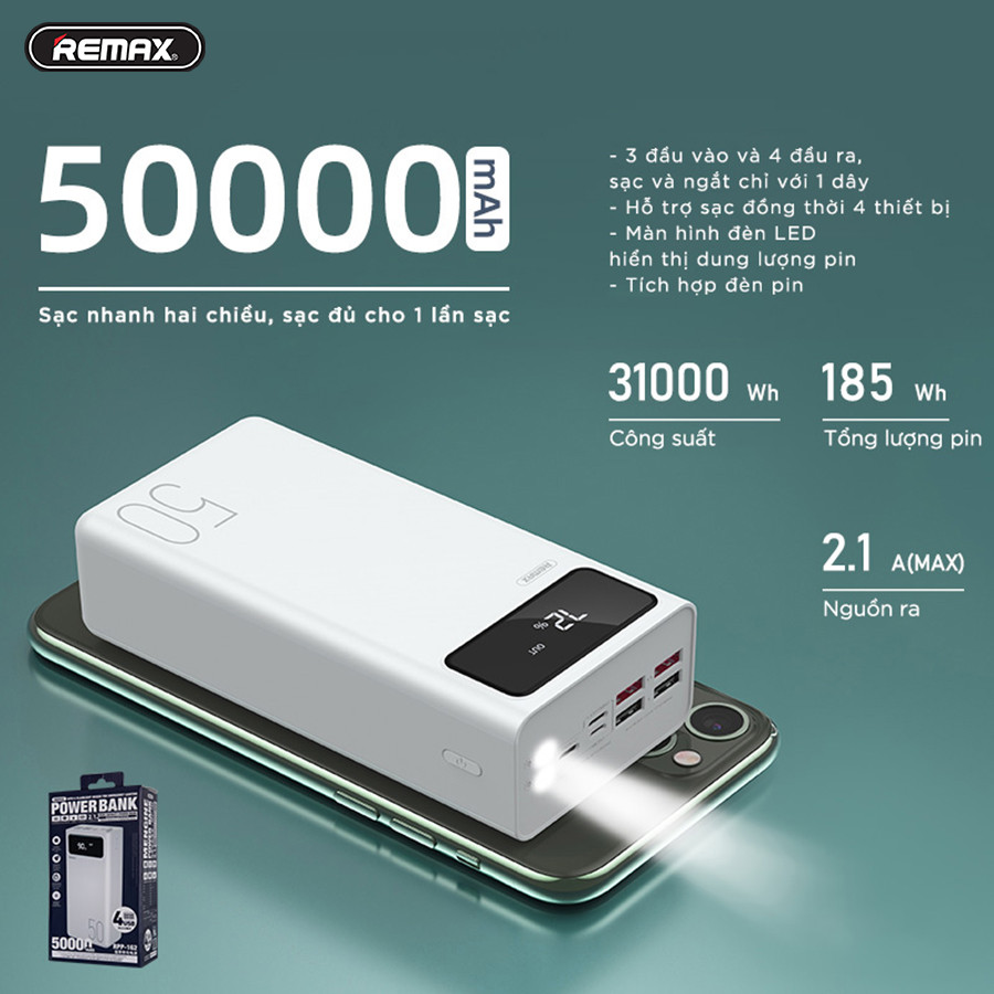 Pin Dự Phòng 50000mah-Sạc Dự Phòng 50000Mah Chính Hãng-Sạc Dự Phòng 50000 mAh Dung Lượng Lớn Pin dự phòng sạc nhanhSạc Dự Phòng Remax RPP-321 50000Mah (Sạc Nhanh QC3.0 18W 22.5W PD20W