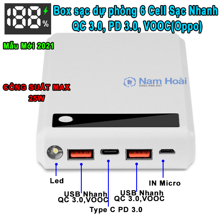 [HCM]Box sạc dự phòng 6 cell sạc nhanh QC/PD/VOOC 3.0 (5V / 3A 9V / 2A 12V / 1.5A )- Có thể tháo nắp dể dàng để thay thế pin