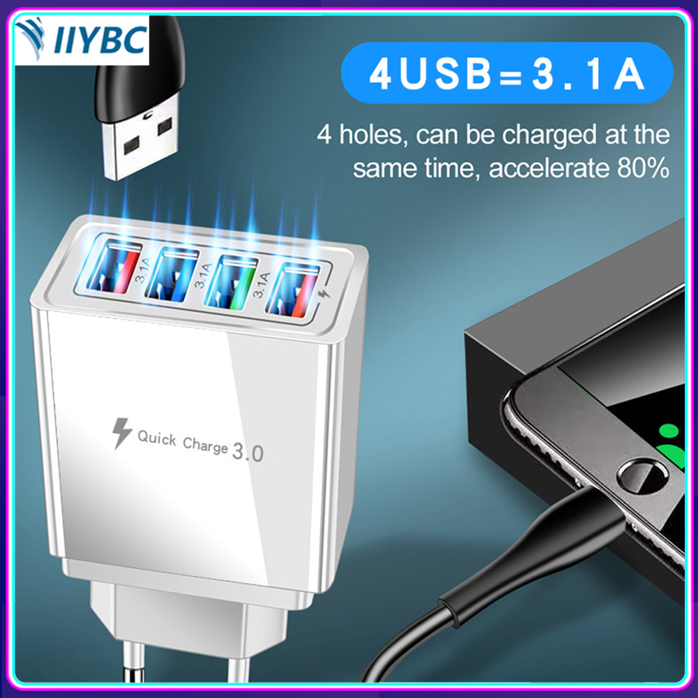 Củ Sạc Điện Thoại 4 Cổng USB Đèn LED Đầu Sạc 3.1A Tiêu Chuẩn Châu Âu Sạc Nhanh Máy Tính Bảng Tiêu Chuẩn Mỹ