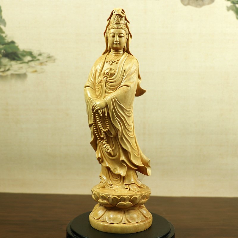 Tượng Phật Quan Âm đứng đài sen bằng gỗ Hoàng Dương ( Cao 12cm) -MSPC012