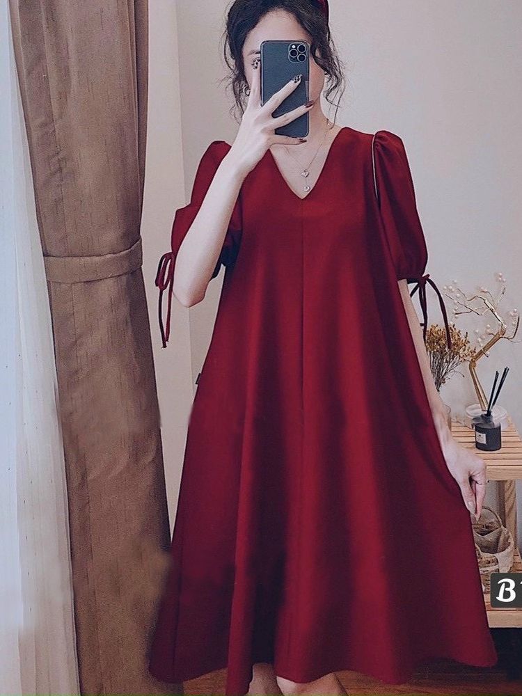 Váy đũi v04 buộc nơ tay bồng cổ tim siêu mát
