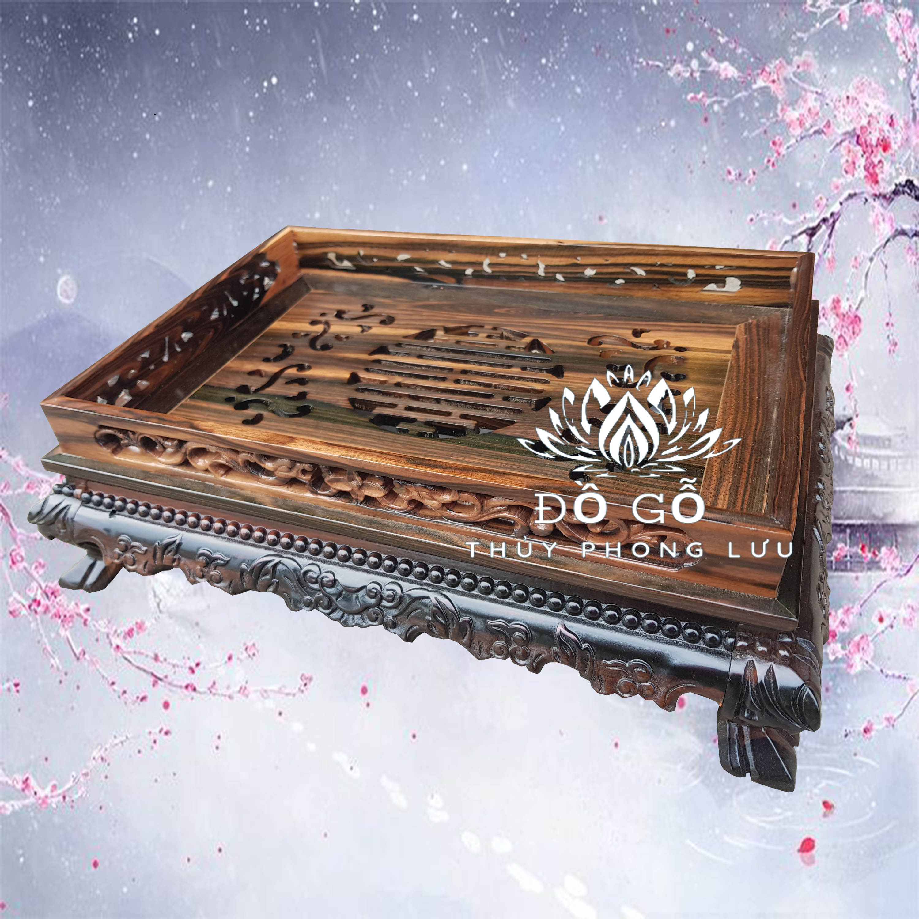 Khay trà chân qùy bằng gỗ mun khay trà rồng trầu gỗ mun 2 cỡ khay