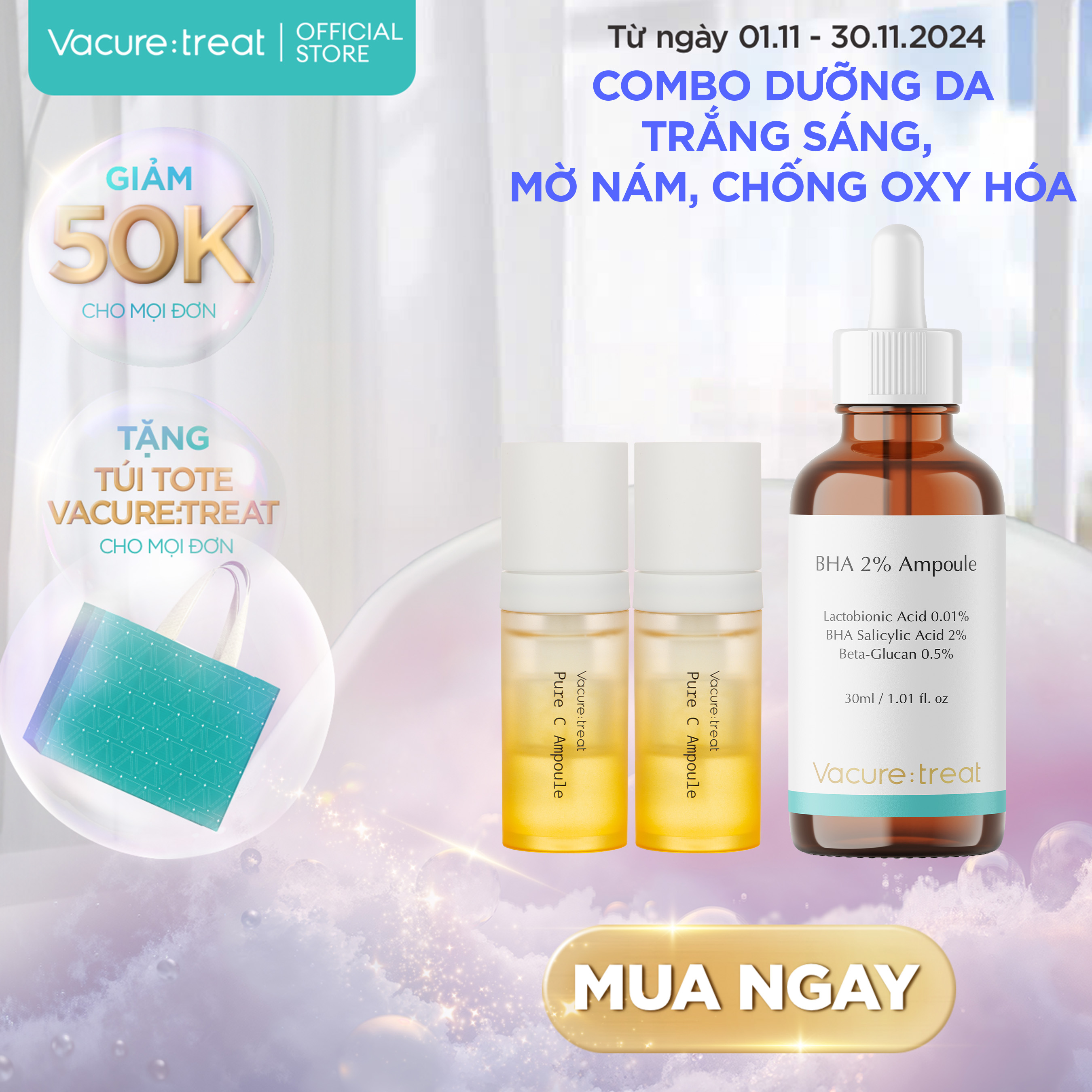 Combo Dưỡng Da Trắng Sáng, Mờ Nám BHA 2% & Pure C Ampoule