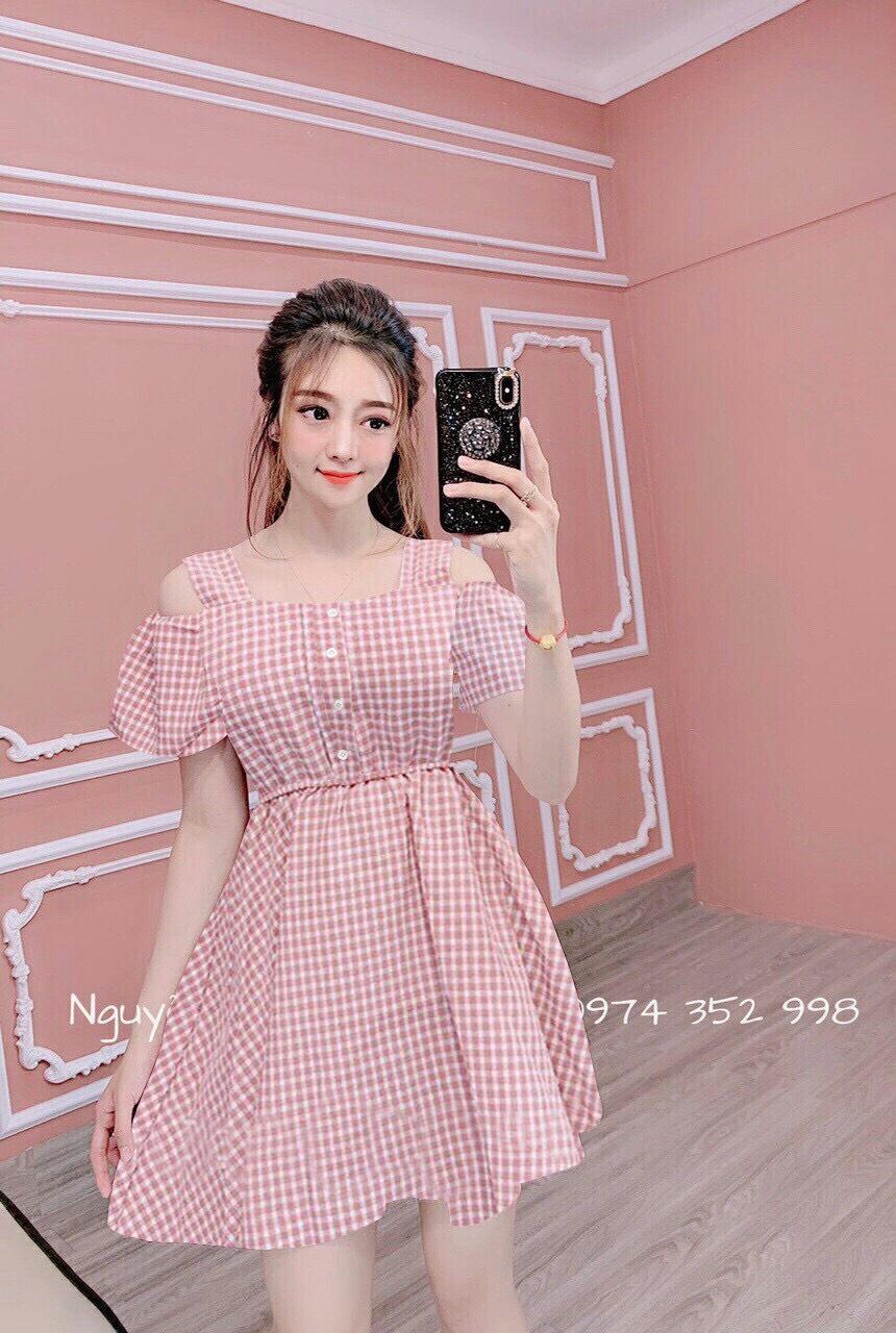 [HCM]ĐẦM DÁNG XÒE CARO VẢI THUN AD