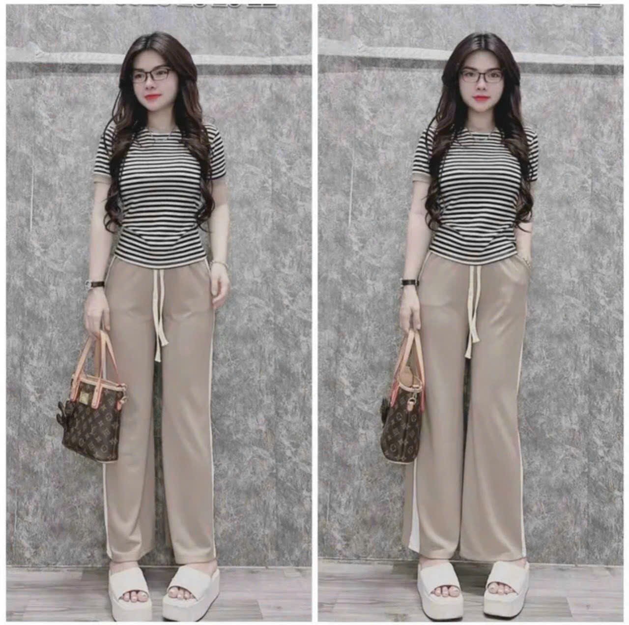 Set bộ thun gân áo cổ tròn tay ngắn dáng ôm phối họa tiết sọc ngang cùng quần dài ống rộng lưng thun có dây cột