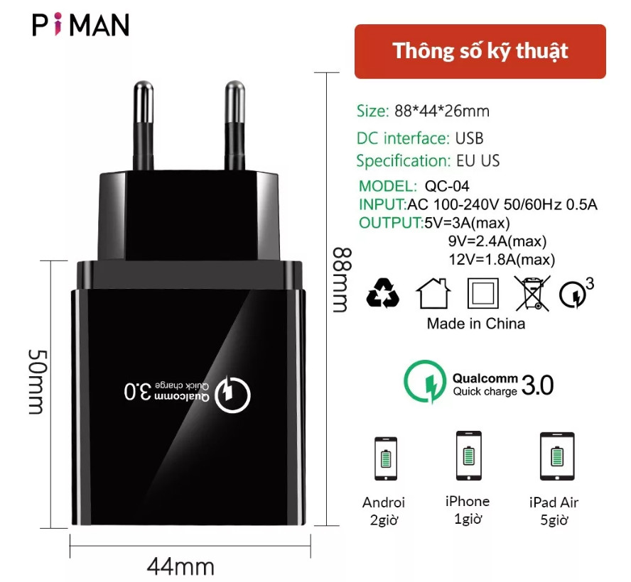 Củ Sạc Nhanh Piman 20W Samsung Oppo Quick Charge 3.0 Kéo Dài Tuổi Thọ Cho Pin Tặng kèm Cáp Sạc 3 Đầu