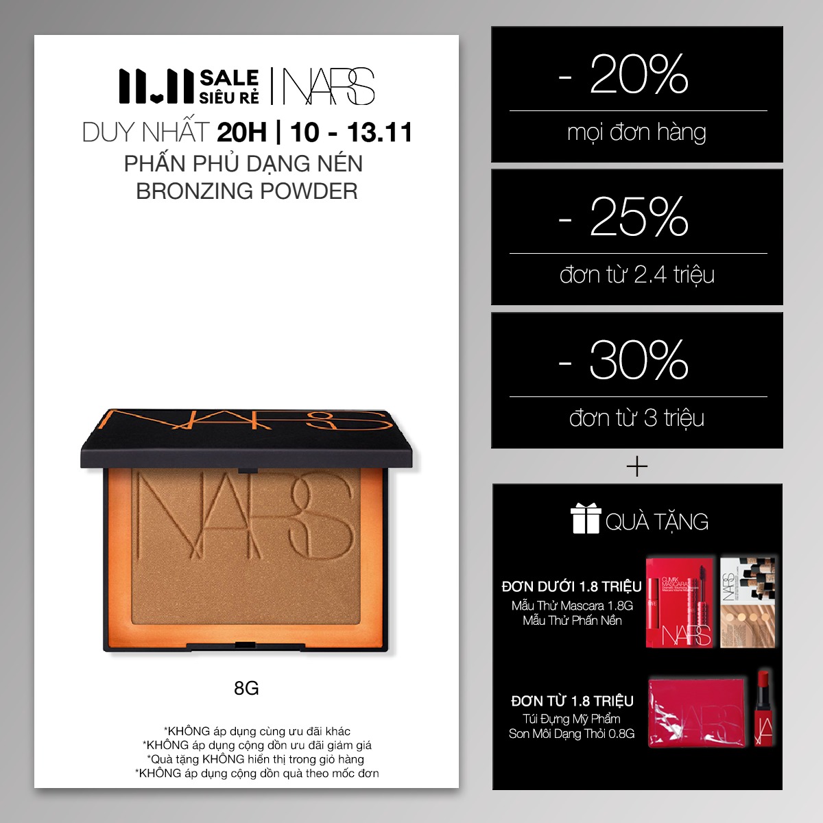 [20H | 10-13.11 | ƯU ĐÃI ĐẾN 30% + QUÀ ĐẾN 600K] Phấn phủ dạng nén NARS Bronzing Powder 8g
