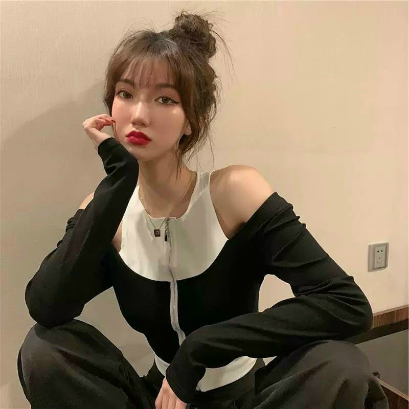 ÁO CROPTOP KIỂU LỬNG NỮ TRỄ VAI DÀI TAY MÀU ĐEN PHỐI CỔ TRẮNG KÈM DÂY KÉO TRƯỚC CO GIÃN THOẢI MÁI DÀY DẶN MỀM MỊN SIÊU HOT HIT HADI CỰC CÁ TÍNH