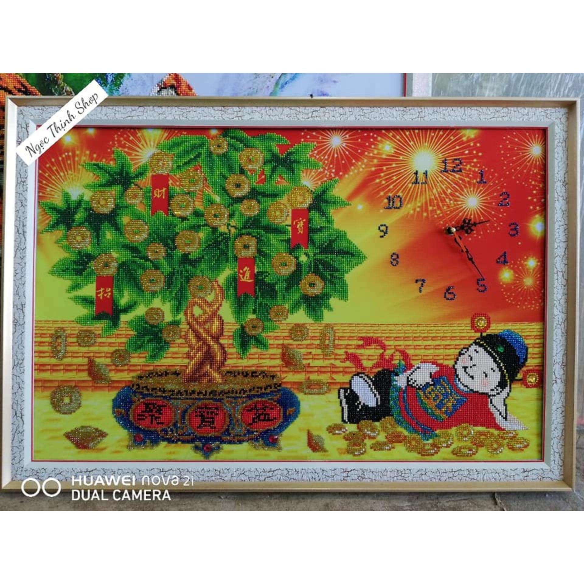 Tranh đính đá thần tài có đồng hồ treo tranh lên là tài lộc ào ào