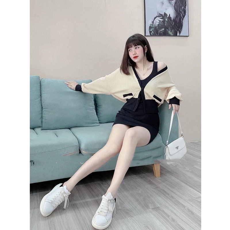 Set 2 món đầm ba lỗ + áo khoác phối màu