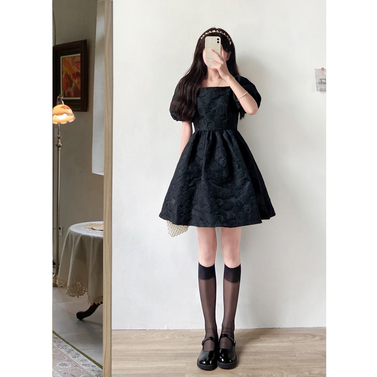 Váy cổ vuông tay bồng - Đầm babydoll nữ công chúa nơ sau chất gấm sốp tiều thư bánh bèo vintage ulzzang, váy nữ đi tiệc cưới sang chảnh, váy nữ đi tiệc cưới, váy nữ hoa xốp, Váy trễ vai cổ yếm chất xốp in hoa