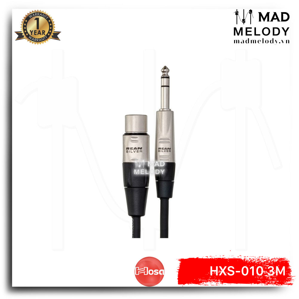 Hosa Pro Balanced Interconnect HXS-010 (3m) (REAN XLR3F - 1/4in TRS) (Dây cáp preamp canon XLR cái 6ly 6.35mm TRS balanced đực, Brand New)