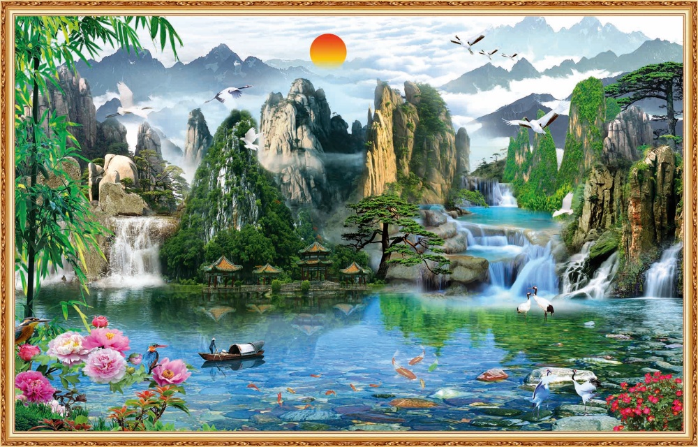 Tranh dán tường 3d phòng khách sơn thủy