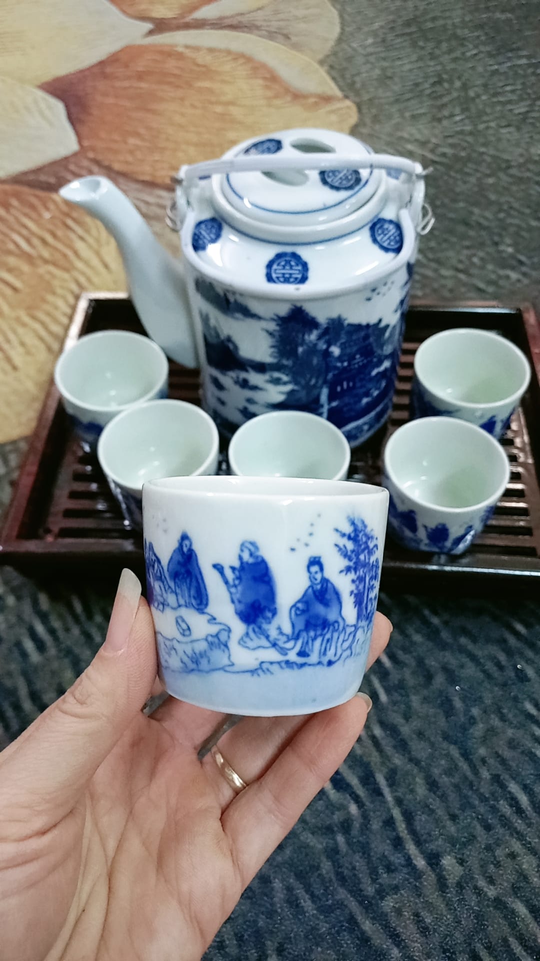 Bộ 6 cốc men lam Bát Tràng uống trà xanh