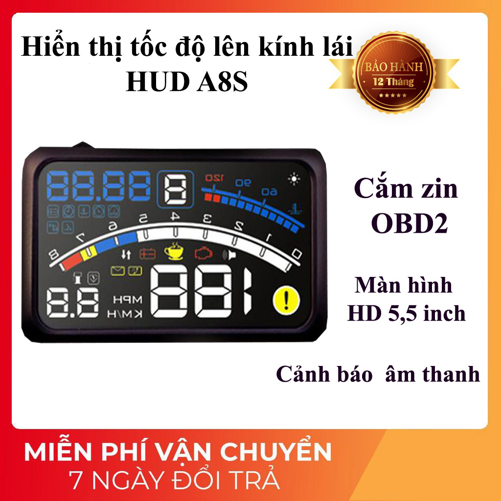 [ Miễn Phí Lắp Đặt & Bảo Hành 12 Tháng] HUD A8S bản mới Hệ thống cảnh báo tốc độ màn hình màu 5.5 inch cắm cổng OBD2 hiển thị đa thông số
