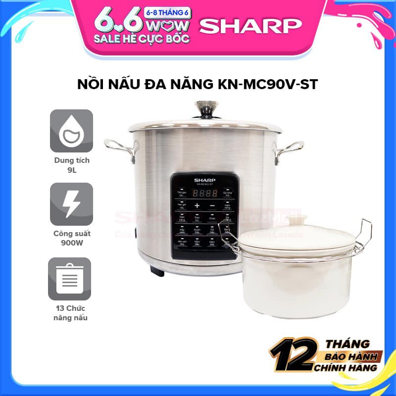 Sharp Multifunction Cooker 9L Capacity, Stainless Steel Material Good Heat Resistant, 13 Pre-programmed Cooking Functions, Comes With 3 Accessories Porcelain Pot, Stainless Steel Steamer Tray, Stainless Steel Rack, Glass Cover Strong Str