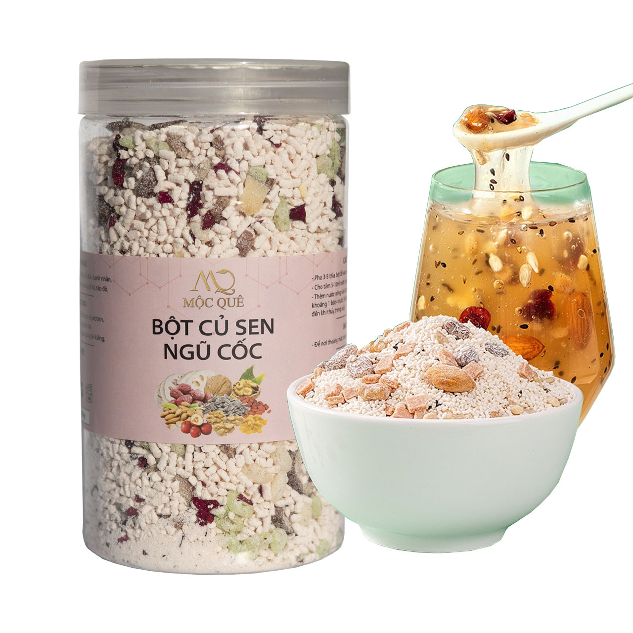 Hộp bột củ sen hạt dinh dưỡng, bột sen mix hạt dưỡng nhan ăn kiêng Mộc Quê hũ 500g