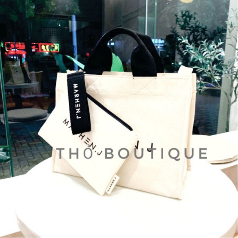 Set túi xách đeo chéo canvas MARHEN.J Hàn xuất xịn kèm ví cầm tay trắng quai đen bọc da